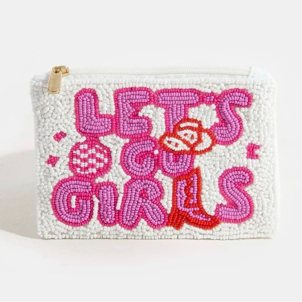 🆕 Let’s Go Girls Seed Beaded Coin Purse - Pink and White